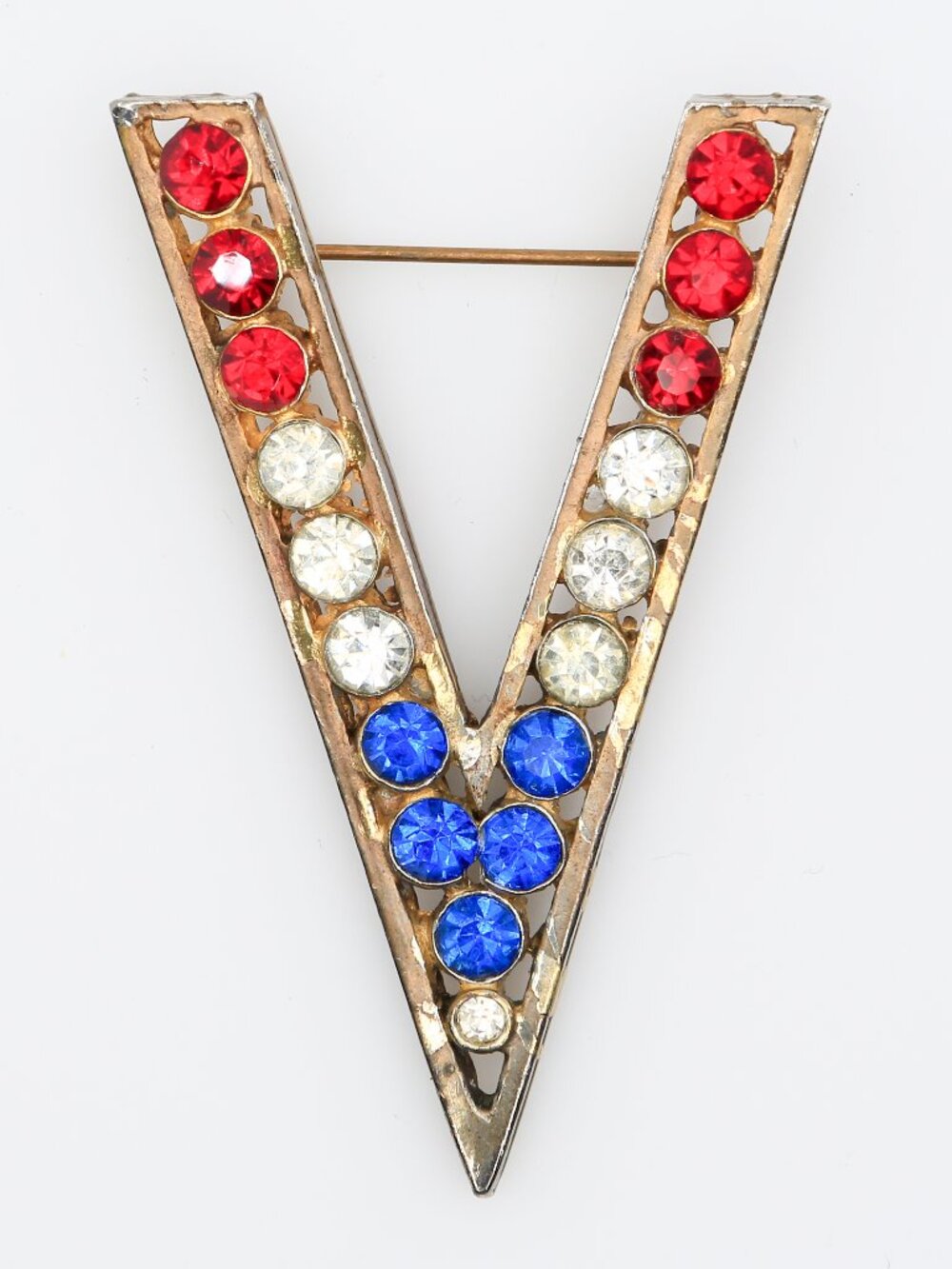 Vintage V for Victory Patriotic Sweetheart WWII Rhinestone Brooch 1940s